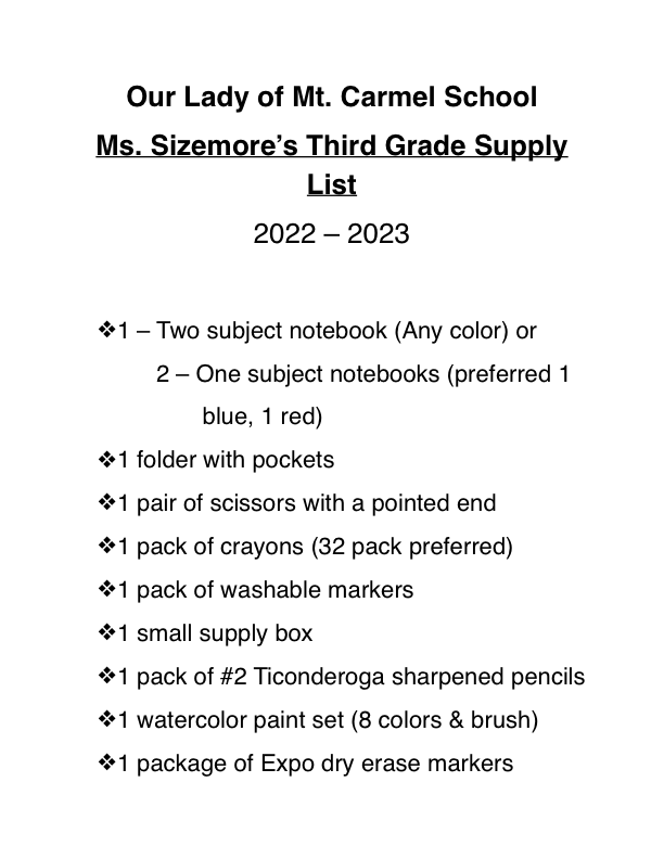 3rd Grade Supply List (2022-23) - Sizemore